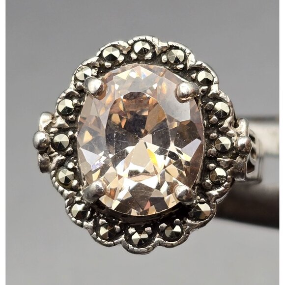 CW Jewelry - CW Sterling Silver Peach Tourmaline & Marcasite Halo Cathedral Ring Size 7 7.98g